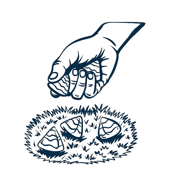 A line drawing of a hand reaching down to three triangular stone bags lying in grass
